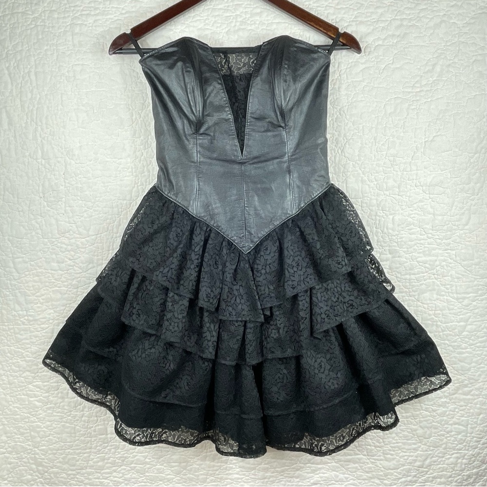 🔥Vintage 80s Leather Lace Strapless Mini Black Dress Women’s Size 2